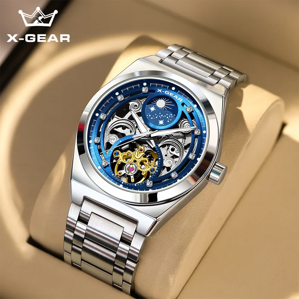 X-GEAR Herren Automatische Mechanische Armbanduhr Hochwertige Luxus Edelstahl Skelett-Mondphasen-Uhr Klassisch