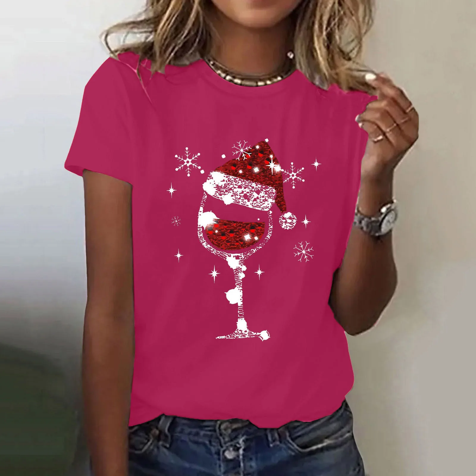 Christmas Women\'s Casual T-Shirs 2024 Summer Red Hat Wine Glass Graphic Tees XMAS Funny Print Tops Short Sleeve O-Neck Clothes