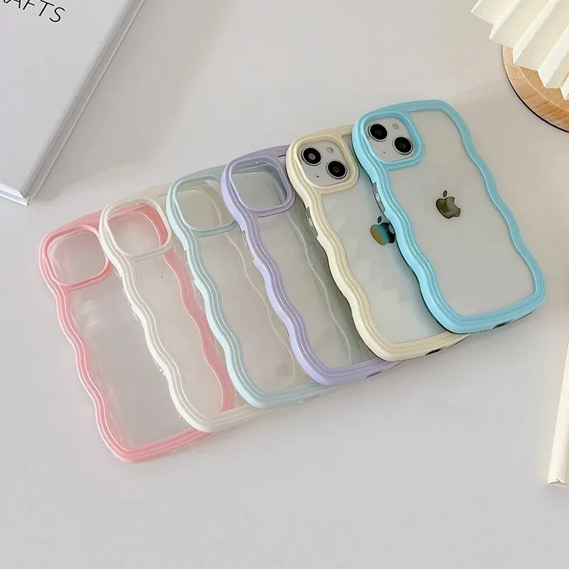 Soft Wavy Lines Bumper Case For iPhone 16 15 13 11 12 14 Pro Max Plus XR X XS Max Candy Bumper Transparent Silicone Cover Funda