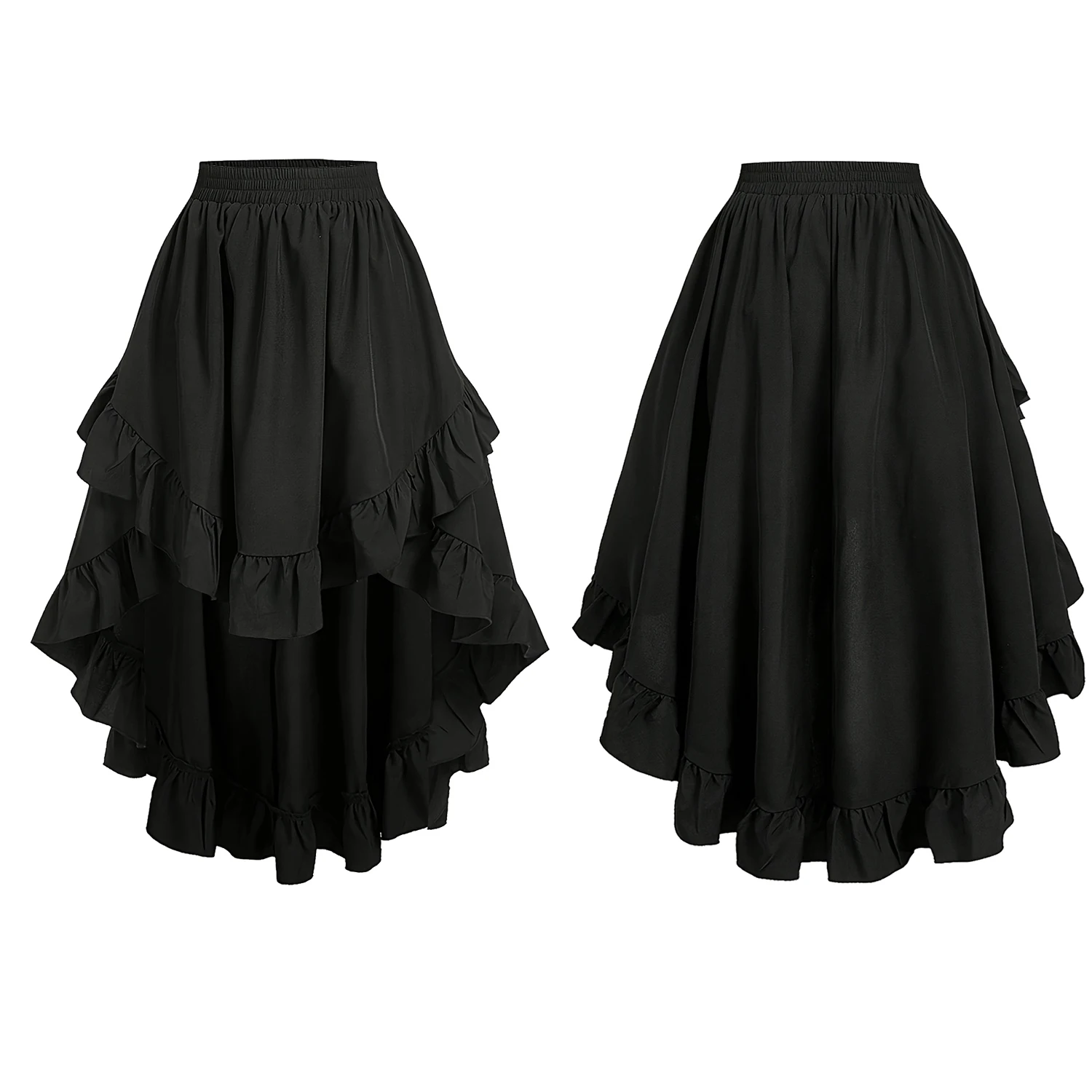 Retro High-Waisted Skirt with a Front-Short and Back-Long Design, Victorian-Style Steampunk Gothic Pleated Ruffle Party Skirt