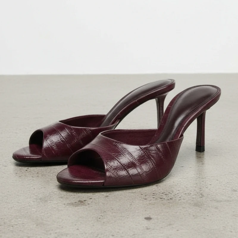 Wine Red Stone Pattern Slippers Women Fashion Patent PU Leather High Heels Mules Elegant Peep Toe Slides Outdoor Sandals