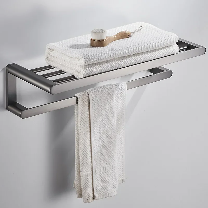 yesGunmetal Grey Full Brass Bathroom Storage Towel Rack Bathroom Hardware Accessories Perforated Installation Minimalistic Desig