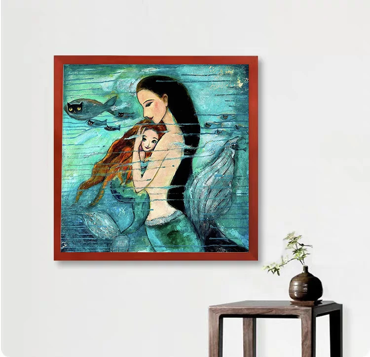 Fish Girl Canvas Painting Frameless Oil Drawing Picture Bedroom Decorative Wall Painting,60x60cm