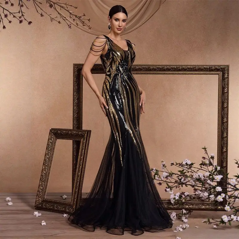 Ele Bla Fi Tail Evening Dr V-Ne Bridal Maids Dr Women's Faionable Cotail Par Gown ألياف البوليستر