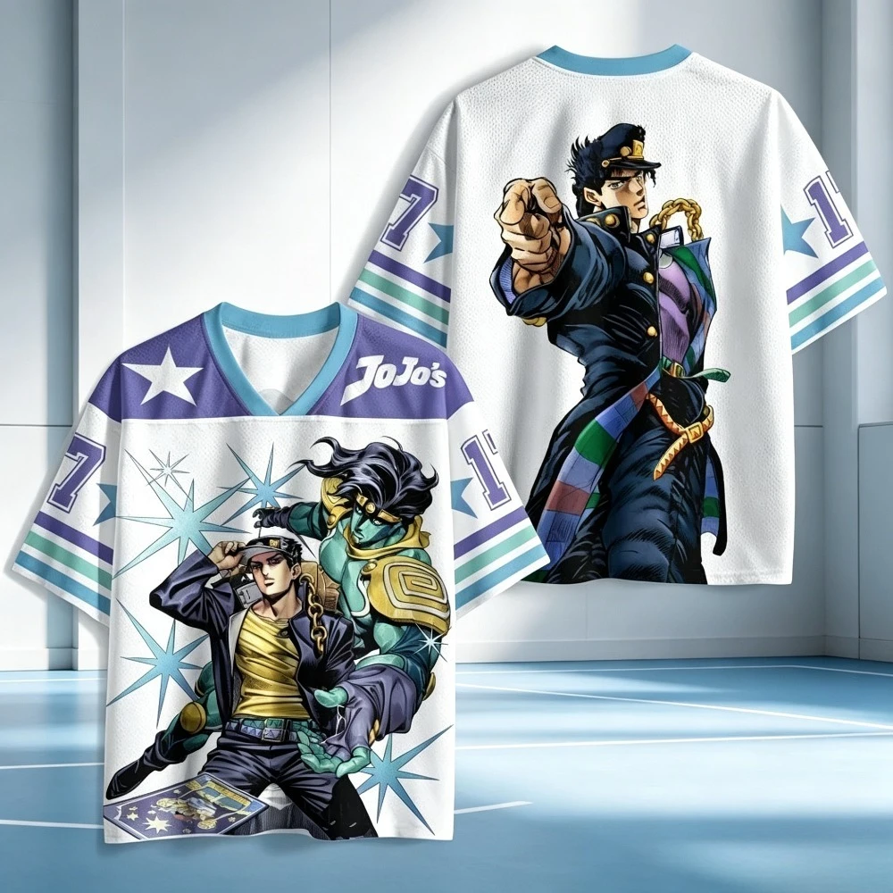 JoJo Bizarre Adventure Kujo Jotaro Anime Jersey Men Women Mesh Short Sleeve Streetwear Hip‑Hop Graphic Tee Tops