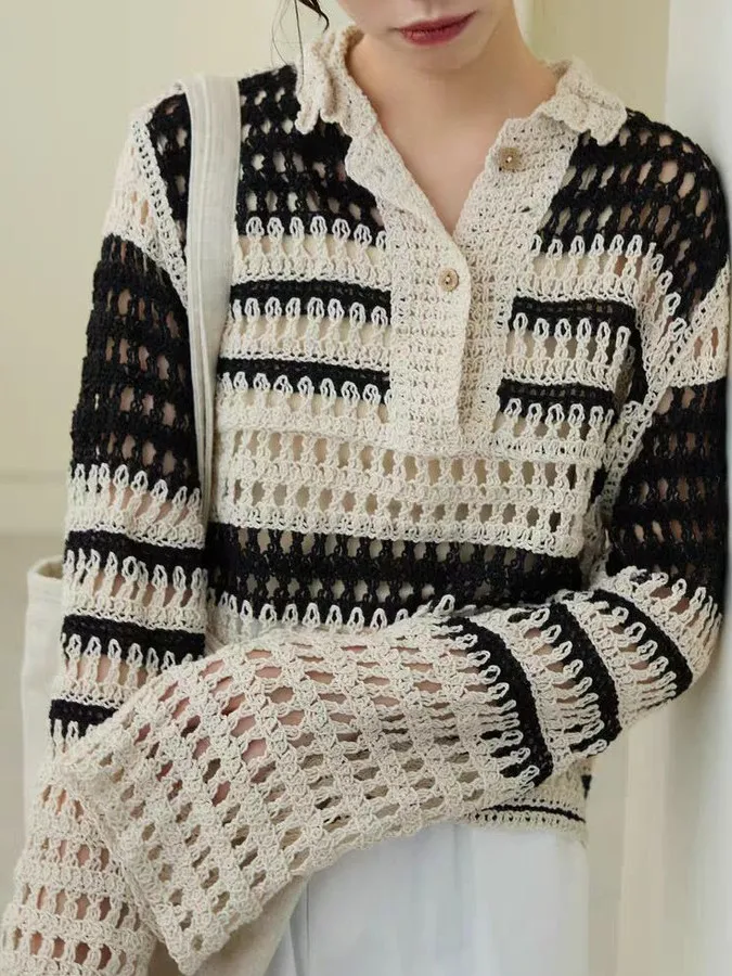Retro Hollow out Long Sve Women's Knitted Sweater ort Sle Loose Lazy Faion Autumn New Arrival No Brand Registered