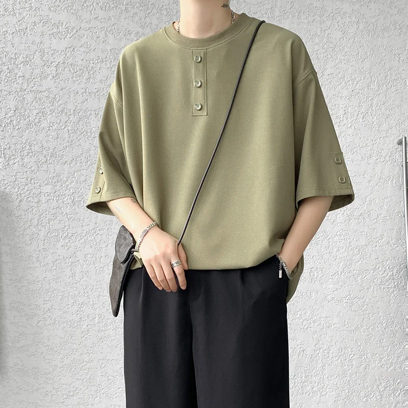 

T shirt Men Summer Buttons Decor Hip Hop Streetwear Fashion T-Shirts Oversized Top Tees Mens Casual O-Neck Half Sleeve T Shirt