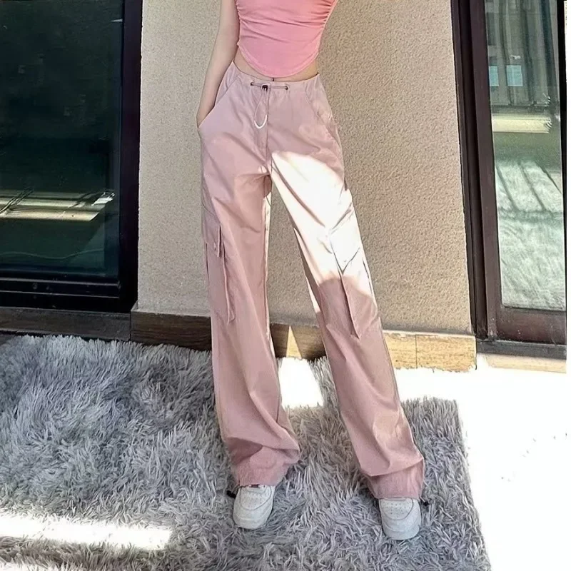 

Silk Gorpcore Solid Pink Drawstring Fluid Baggy Cargo Pants Women Black Beige Gray Streetwear Trousers Bottoms