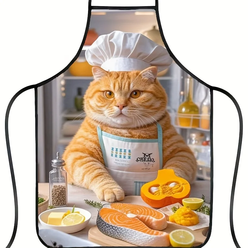 1pc Fun Orange Cat Chef Apron, Playful Kitchen Design, Cute Cooking Cat Pattern, Perfect for Home or Cafe Use, Cat Apron | Playf