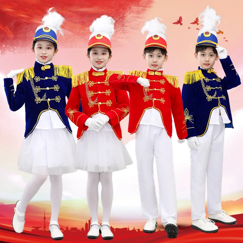 Kids Honor Guard Trumpet Team Costume Soldier Uniform Hat Honor Guard Uniform-Primary and Secondary School Student Drum Uniforms