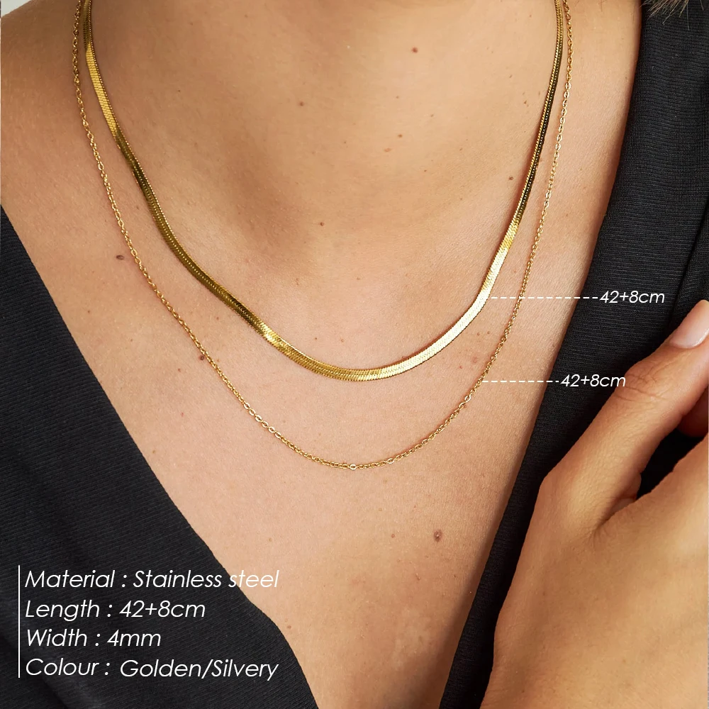 EManco للرجال والنساء سلسلة ثعبان مسطحة مزدوجة الطبقات مكدسة سلسلة قلادة الفولاذ المقاوم للصدأ الملمس المعدني مبيعات الجملة