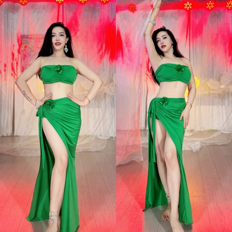 Dostosowane stroje do tańca brzucha Swegal, strój do tańca orientalnego, strój do ćwiczeń, 4-kolorowa kwiatowa sukienka bez ramiączek i długa spódnica ze sznurkiem.