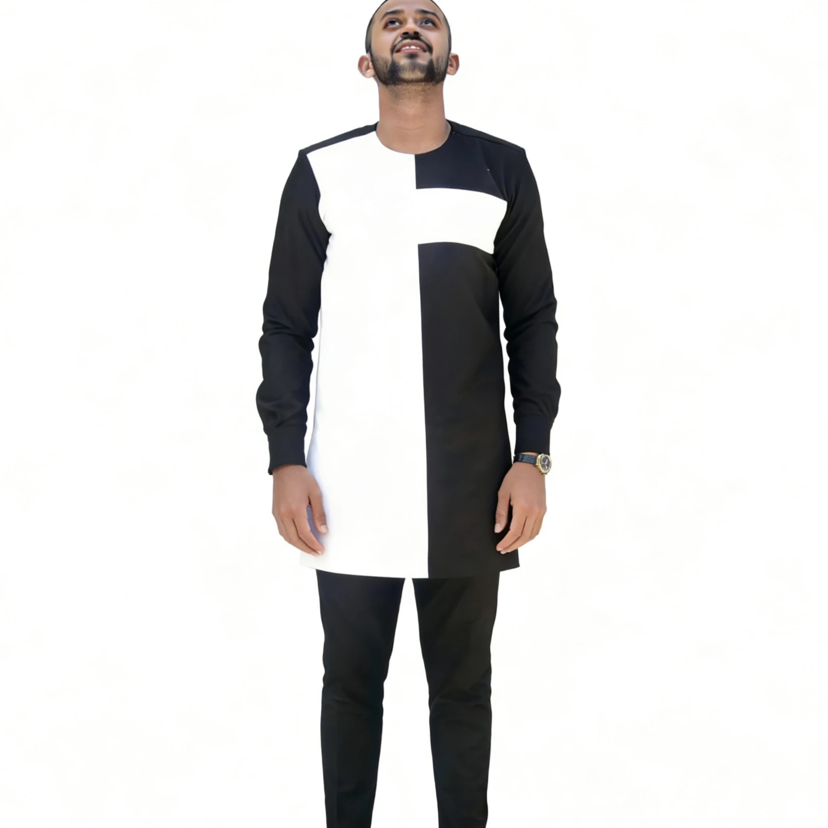original-design-african-couture-black-white-patchwork-men’s-set-grooms-patchwork-top-shirt-with-elastic-waist-pants-party-wear