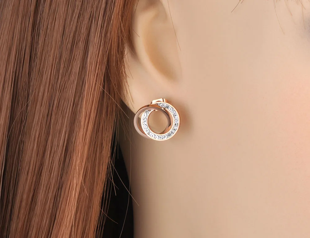 Lokaer Trendy Stainless Steel Clay Crystal Double Circles Stud Earrings Jewelry Vintage Earrings For Women Girls E19091