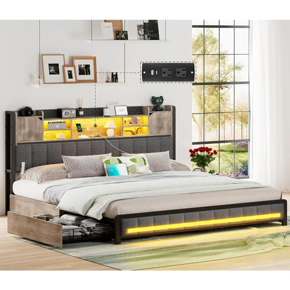 

Queen Bed Frame with Storage Headboard & 4 Drawers, LED Upholstered Beds Frames with Type-C & USB Ports, Bed Frame