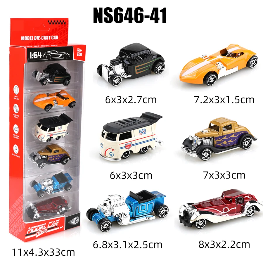 (Boxed) 1/64 Retro/Modified Style Mini Diecast Car Set, 6 pieces, die-cast metal, boy's toy, sliding model, no pullback.