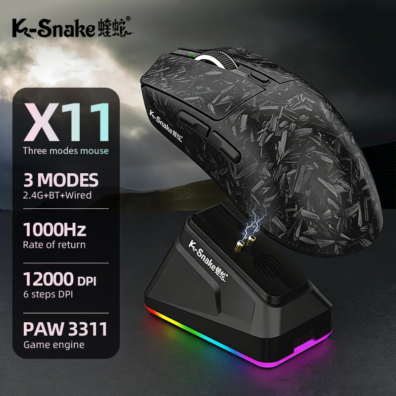K-Snake X11Pro Wireless Gaming Mouse,  Tri-modePAW3311 12000DPI, 1000Hz Polling Rate, Magnetic Charging Dock, RGB PC Gamer Mouse