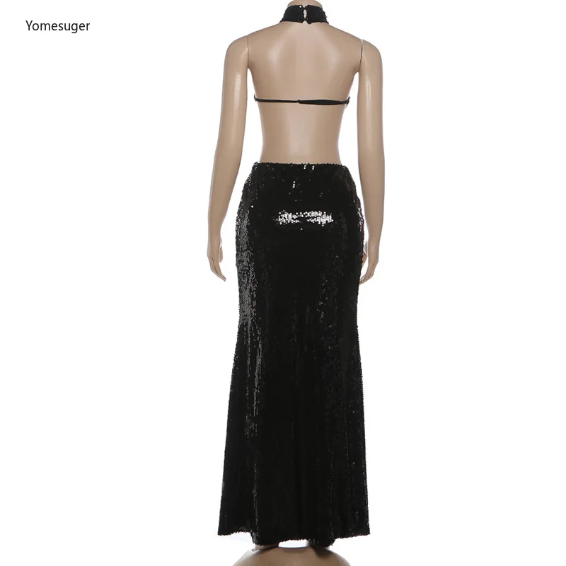 Yomesugar Elegant Sequin Evening Gown Women Hipster Sexy Halter Backless Cut Out Bowkot Skinny Vestidos Birthday Party Clubwear