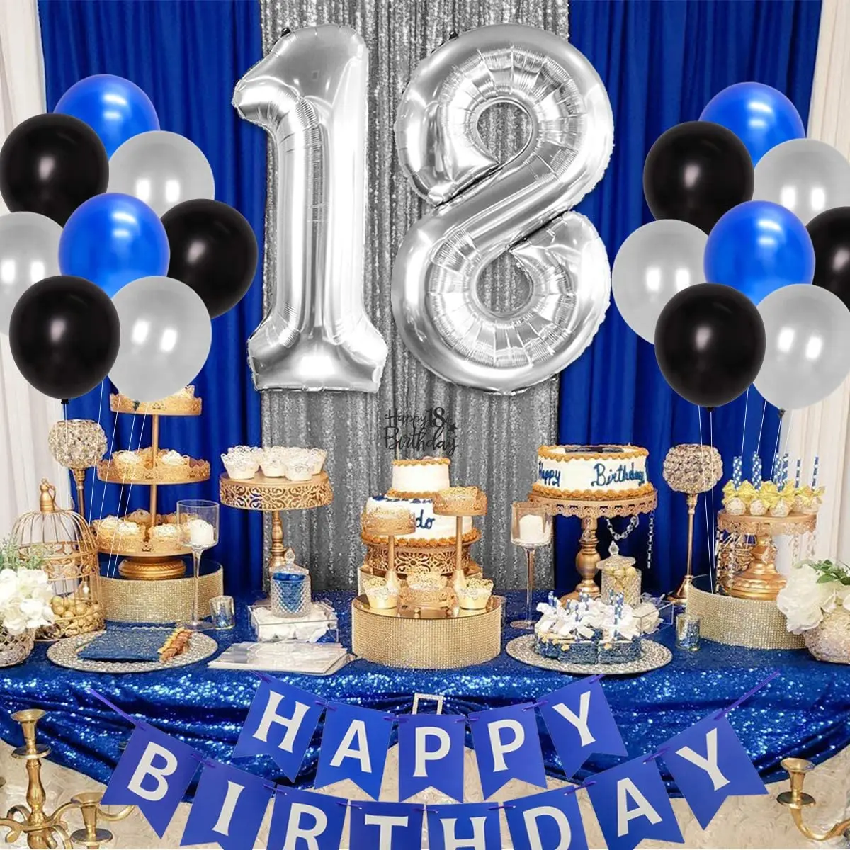 

18st Birthday Party Decorations, Foil Balloon, Silver Garland, Number 18 Banner, Cake Topper, Swirl for Girls and Boys Suppl