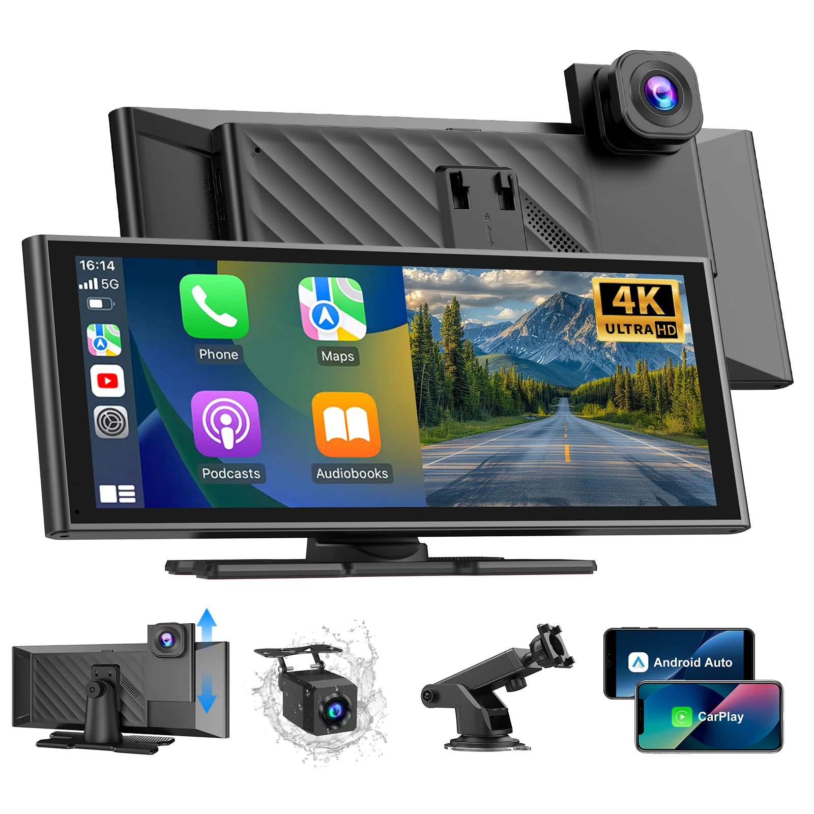 ESSGOO 10.26" Draagbare Dashcam 4K Auto DVR Draadloze Carplay Android Auto Video Recorder Dashboard Dubbele Lens Wifi AUX Mirror Link - afbeelding 2