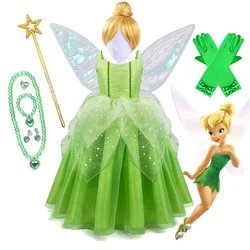 2-10T Girls Tinker Bell Dress Up Kids Elf Princess Dress With Wings Halloween Costume Elves Party Tinkerbell Flower Fairy Dress