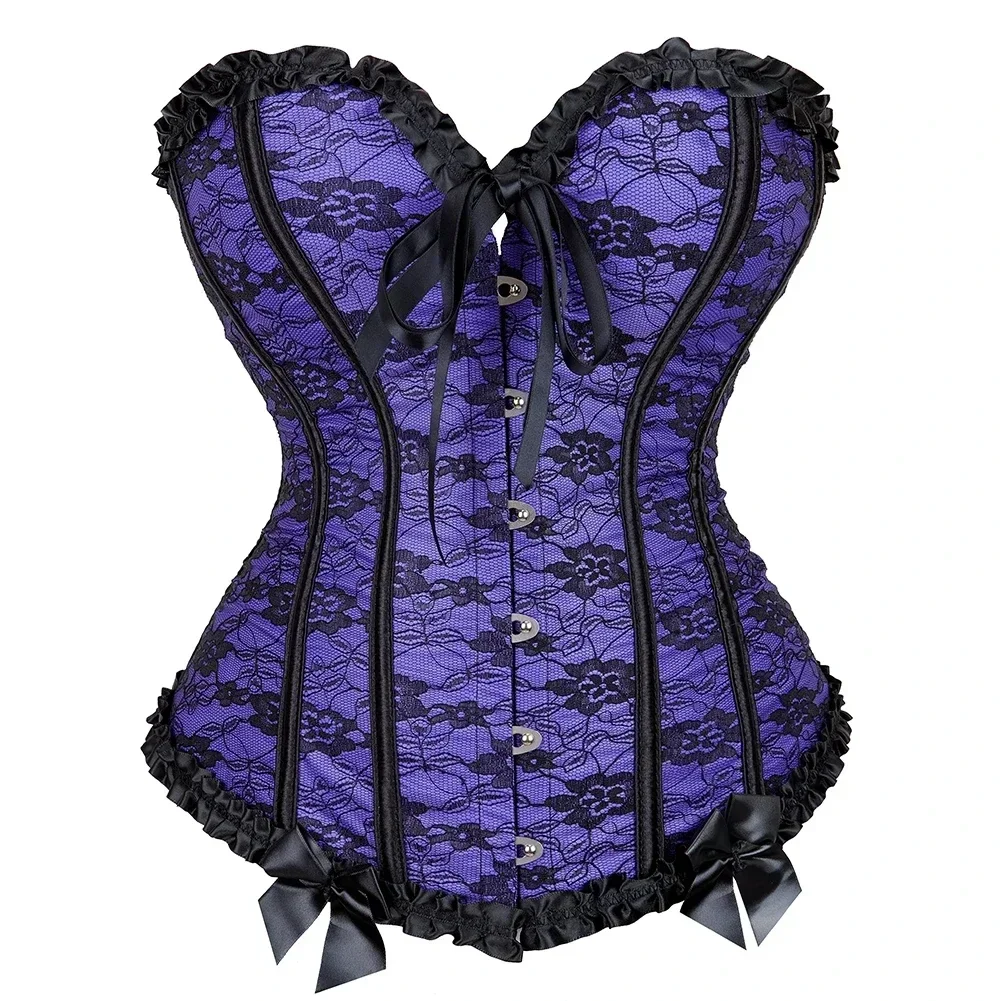 Women Steampunk Corset Gothic Vintage Floral Overbust Bustier Top Plus Size Blue Purple