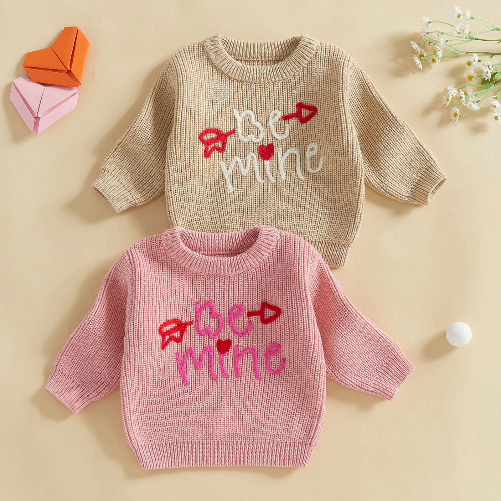 Girls Boys Valentine's Day Knit Sweater Long Sleeve O Neck Letter Heart Arrow Embroidery Pullover Knitwear