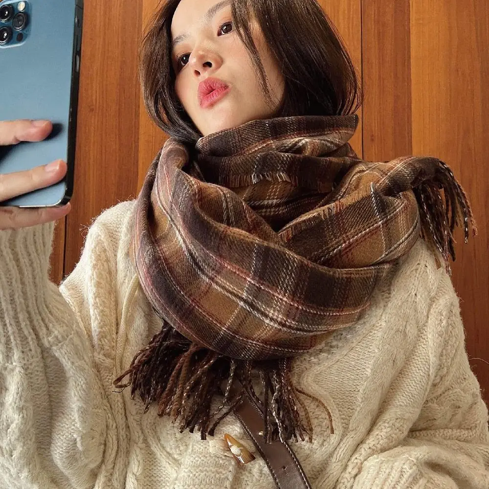 

180*68cm Imitation Cashmere Scarf Comfortable Vintage Plaid Printed Neck Warmer Wrap Preppy Style Women's Wraps Shawl