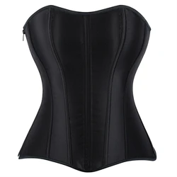 Black Satin Overbust Corset Top Gothic Vintage Side Zipper Waist Trainer Bustiers Lace-up Lingerie Corselet Sexy Basque