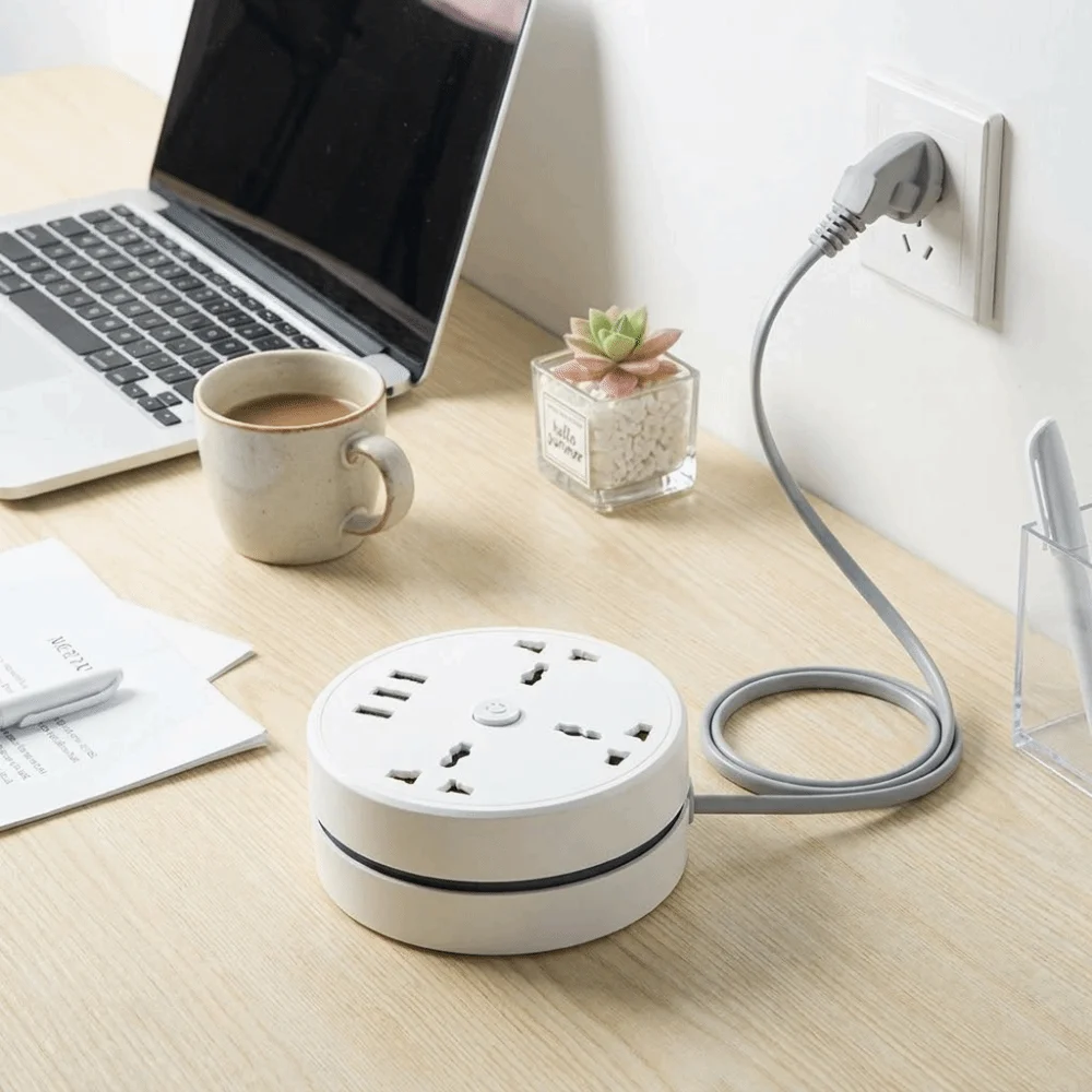Round Design Universal Power Strip UK Plug Standard 3 USB Ports Portable Extension Socket Multi-Port Included Data Cables