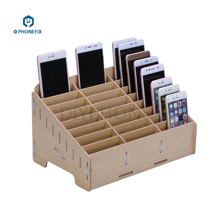 Wooden 24 Storage Compartments Multifunctional Storage Box for Cell Phones Holder Desk Supplies Organizer Desktop Storage Box