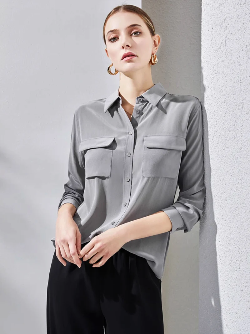 SuyaDream, Women Pockets Shirts, 100%Real Silk, Turn Down Collar, Solid Chic Blouses, 2024 Spring Summer Office Lady Top