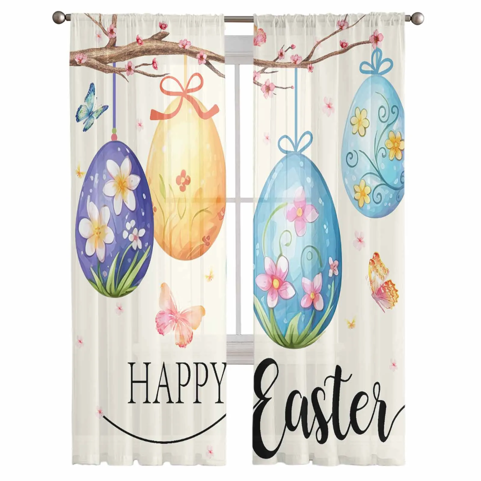 Easter Eggs On Tree Branch Voile Curtains for Bedroom Window Tulle Curtain for Living Room Sheer Blinds Drapes