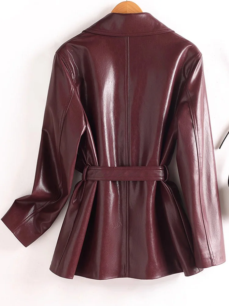 New Women Split Leather Blazer Autumn Fashion Suit Collar Slim Waist with Belt Loose Leather Coat Elegant Simplicity Jacket