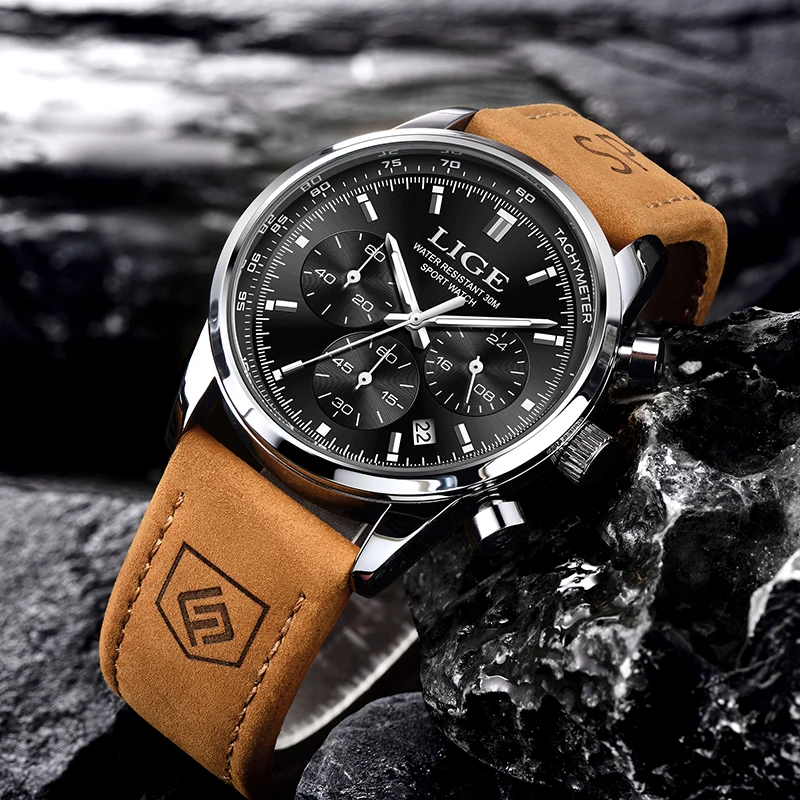 LIGE extérieur luxe montres à Quartz pour hommes haut de gamme bracelet en cuir mode sport décontracté étanche lumineux Auto Date homme montre