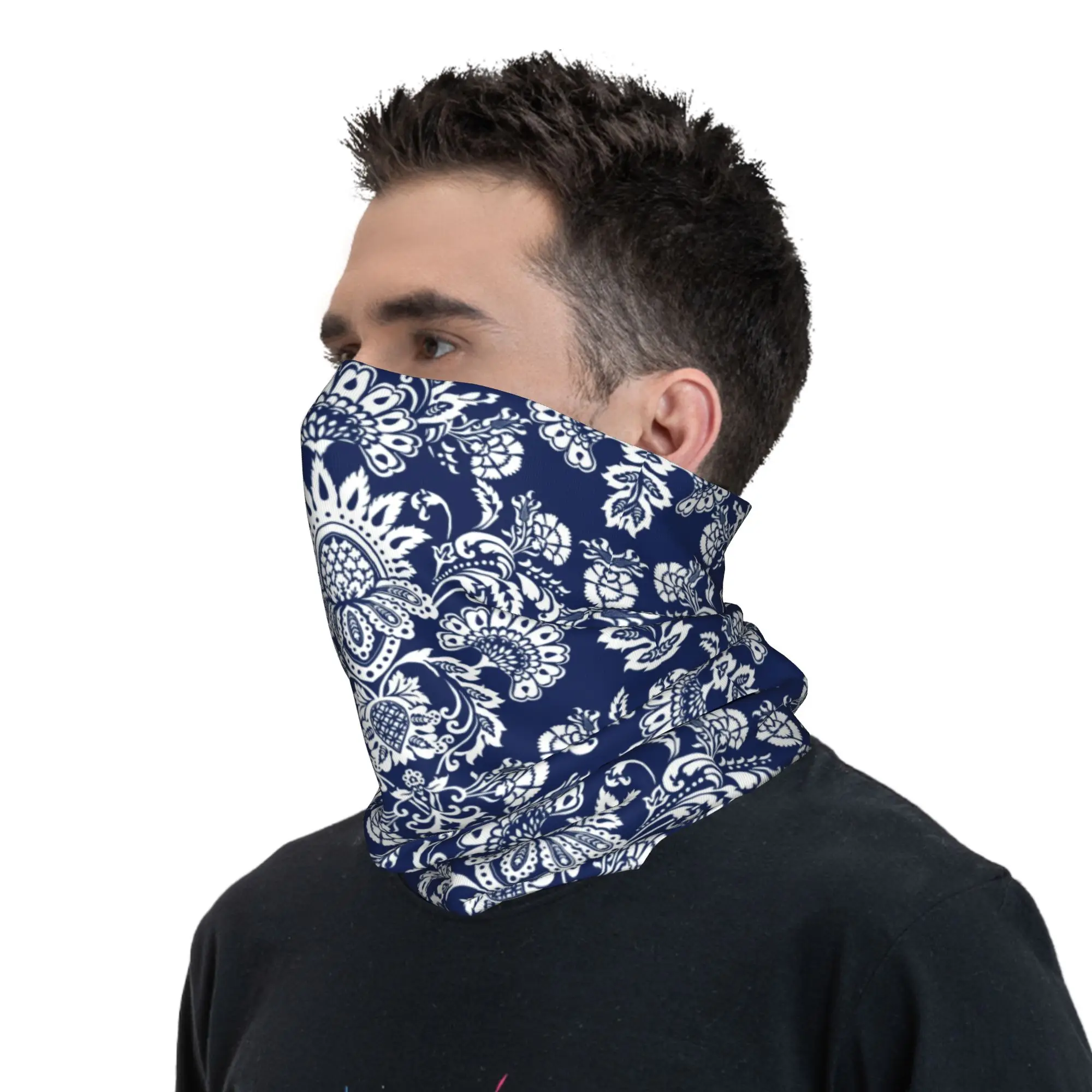 Custom White and Blue Damask Bandana Neck Gaiter for Ski Running Men Wrap Scarf Bohemian Floral Paisley Style Balaclava Warmer