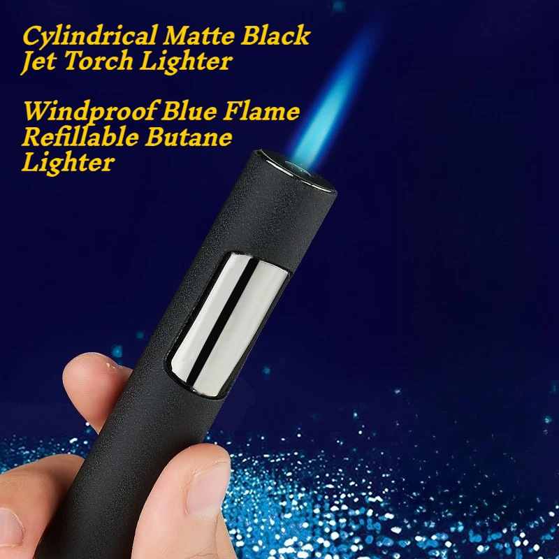 

Cylindrical Matte Black Jet Torch Lighter,Windproof Blue Flame Refillable Butane Lighter,Tactical Push-Start Lighter for EDC