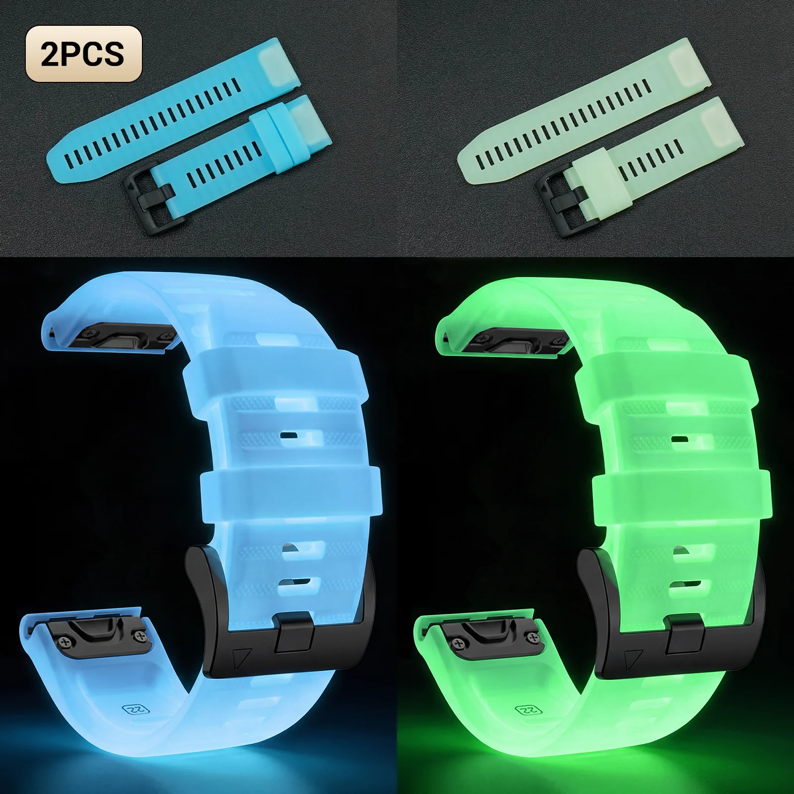 2PCS Luminous Silicone Watch Band 22/26mm Unisex Replacement Strap with Garmin Fenix 5X/6/6X/7X/8(47/51mm )/5X/5X Plus/6X Pro