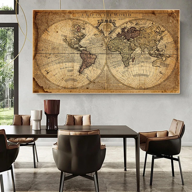 Map Of The World Retro Old Picture Canvas Vintage Earth Painting For Living Room Poster Prints Home Office Study Wall Art Decor