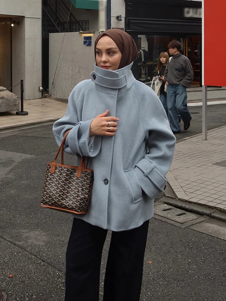 

Elegant Woolen Short Coat Women's Loose Stand Collar Long Sleeve Button Jacket Vintage New In Outerwear Commute 2026 Spring