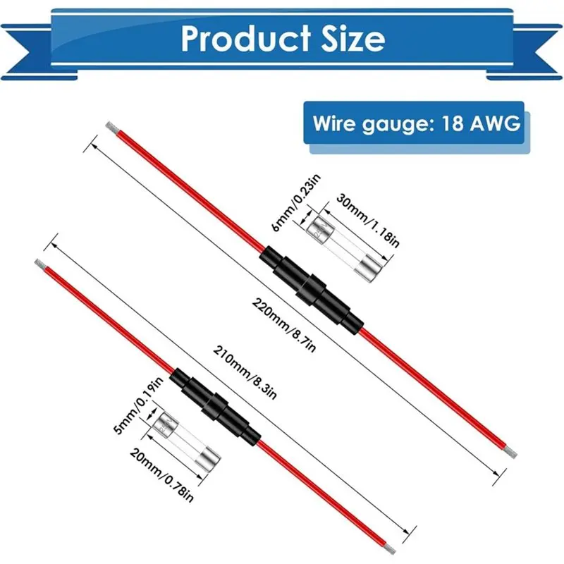 B50C 150Pcs Fast Blow Glass Fuses 10Pcs 5X20mm/6X30mm 18 AWG Fuse Holder Inline Screws Type+ 15 Values