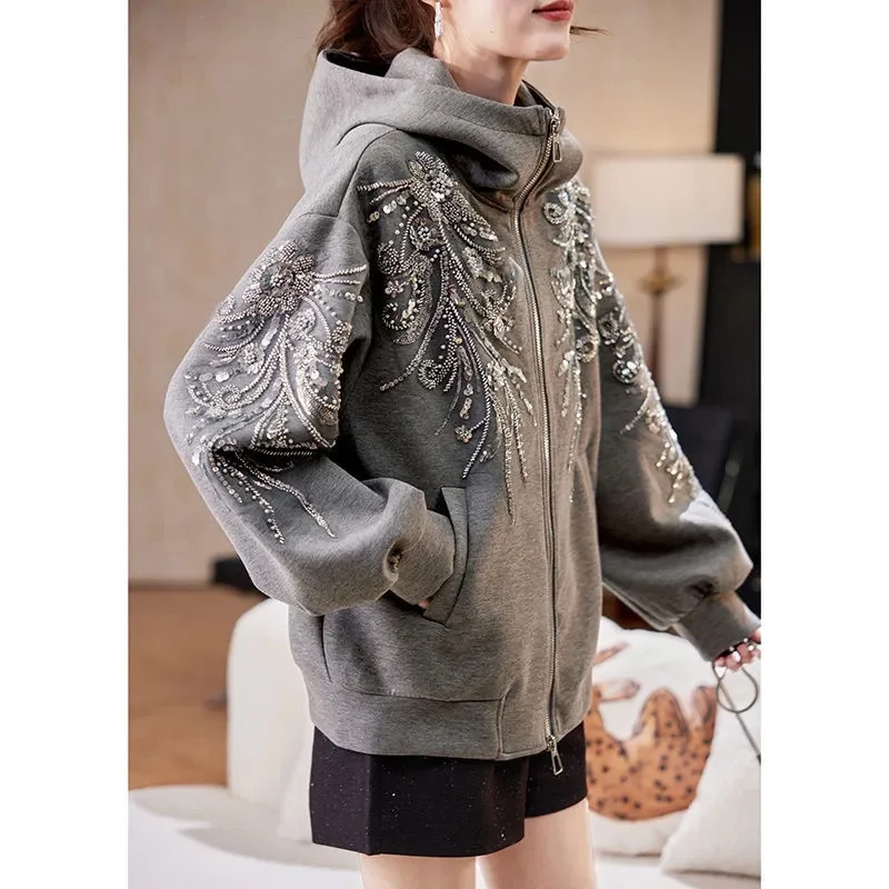 Fashion Flowers Embroidery Sequins Hooded Sweatshirt Jacket Autumn Floral Double Zipper Cardigan Long Sleeve Hoodies Coat Street