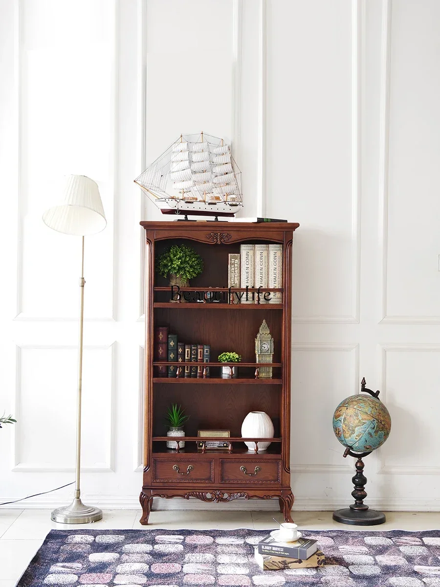 

FG10American rural bookshelf retro European carved solid wood bookcase light luxury floor shelf
