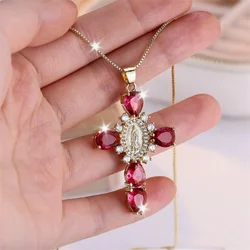 Micro Pave Set Zircon Inlaid Madonna Cross Necklace Collarbone Chain for Men and Women