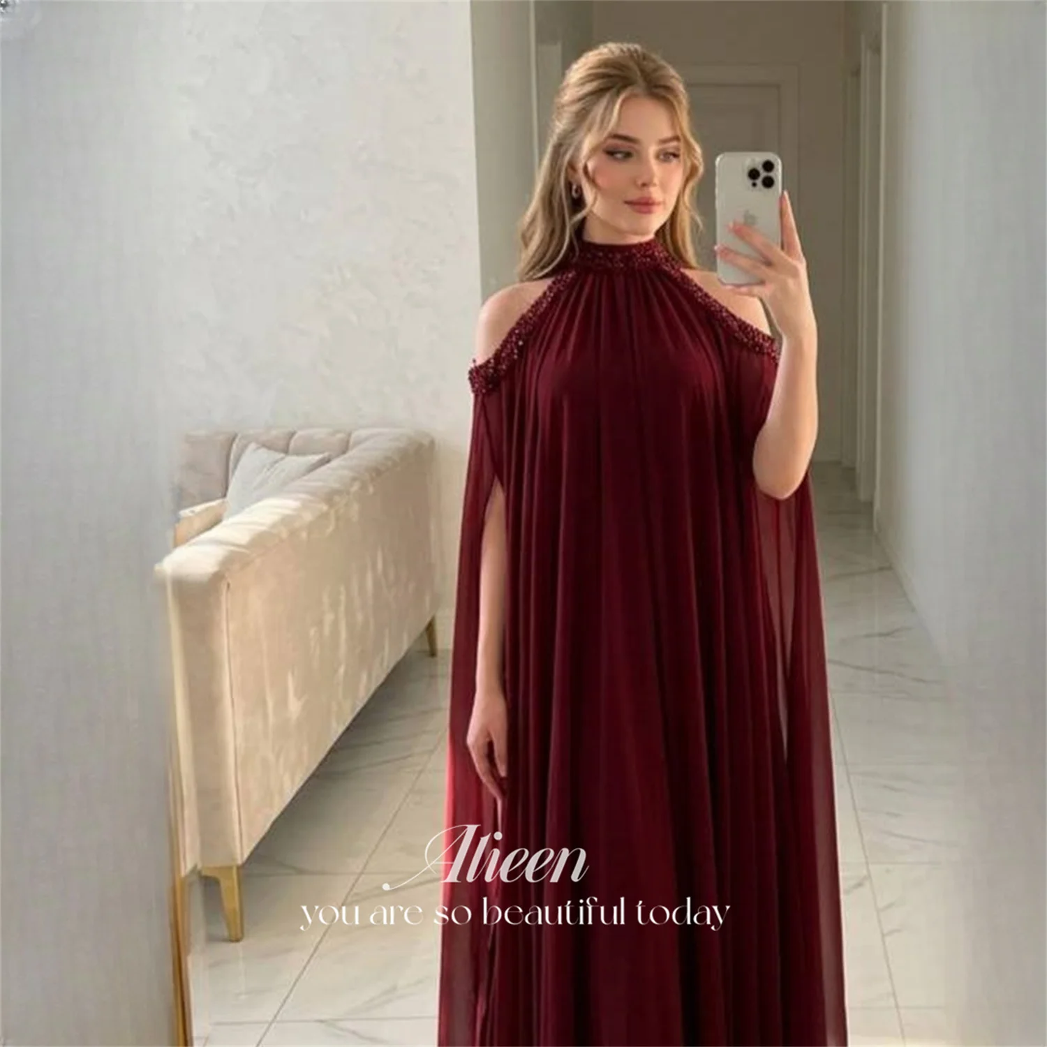 Aileen Chiffon Halter Burgundy A-Line Evening Dress 2026 Prom Dress Beading Elegant Formal Gowns Women Ladies Customized