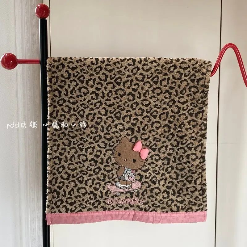 Kawaii Sanrio HelloKitty Leopard Print Face Towel Thick Coral Fleece Quick Dry Absorbent Couple Cute Anime Cartoon Holiday Gift view 6