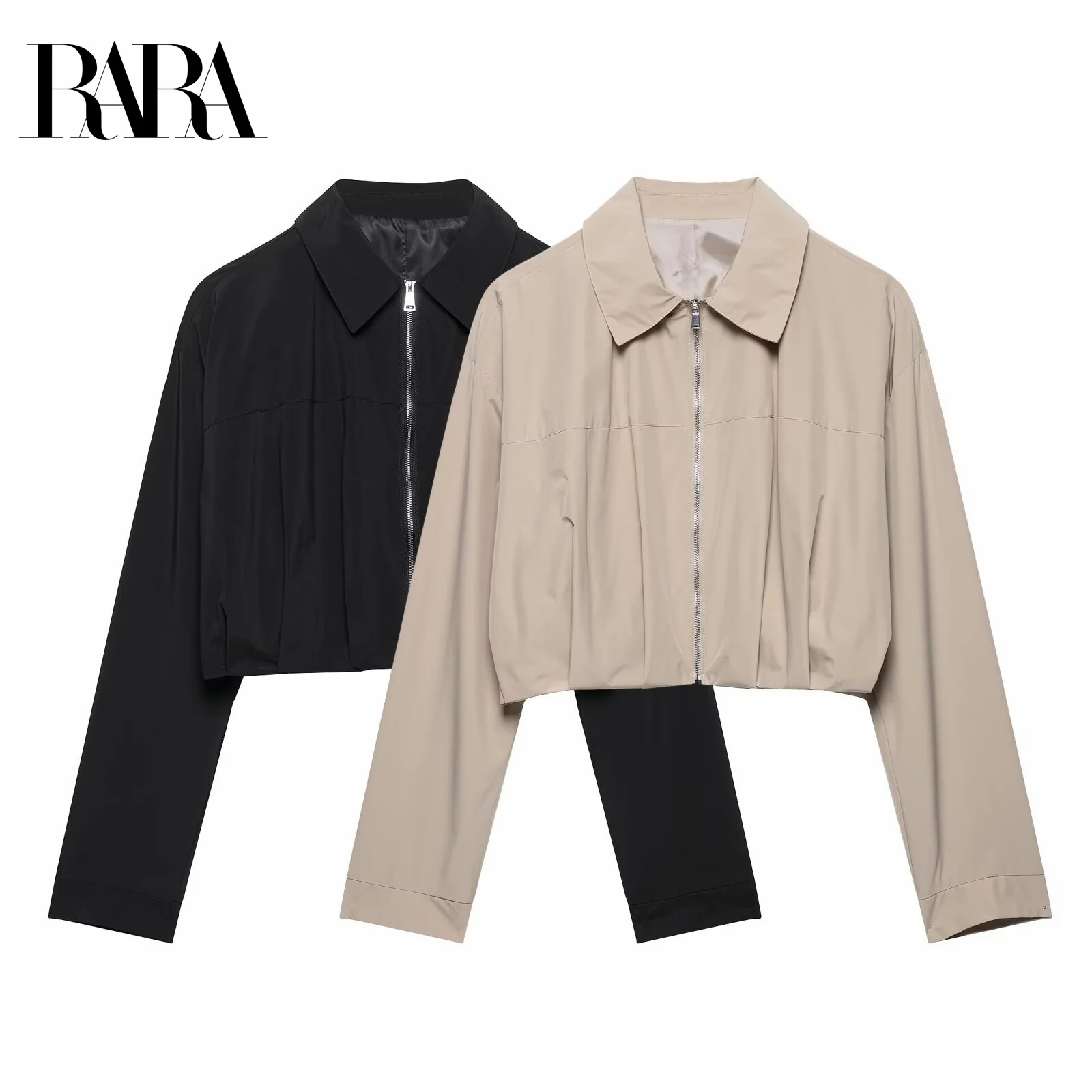 

RARA2025 spring new simple fashion zipper waist pleated decoration wide lapel long-sleeved short jacket for women