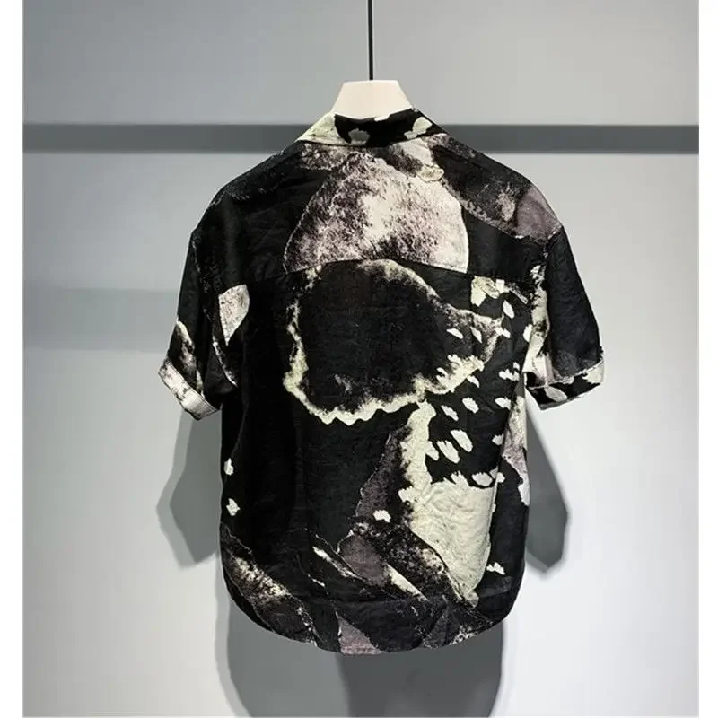 Japanese Retro Summer Men's 2024 New Square Collar Button Printing Pocket Fashion Slim Minimalist Casual Short Sleeved Shirts