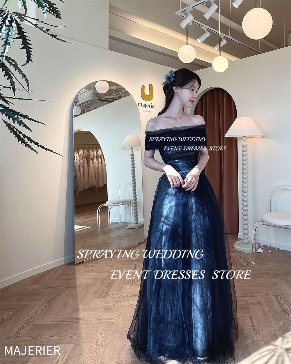 SPRAYING Simple One Line Collar fairy dress Tulle sparkly Wedding dress Long Korean Bridal Gown Corset Back Formal Party Dresses