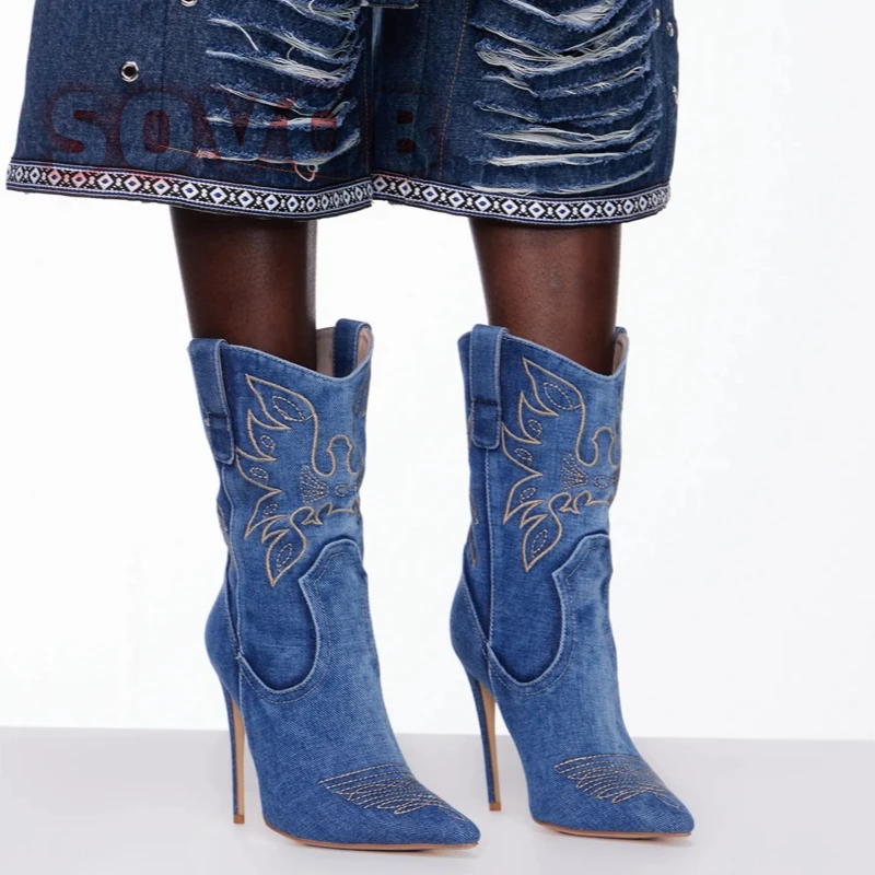 Embroidery Denim Cowboy Mid Calf Boots,Pointed Toe Stiletto Heel Ankle Boots,Vintage Western Style Footwear for Womens,35-44